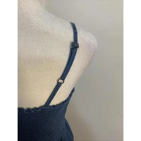 Japna Chambray Smocked Blue Sundress Midi Prairie Ruffle Hem Cottage Small Excel - Picture 8 of 13